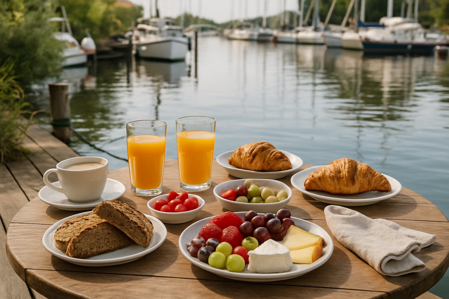 Ein Frühstückstisch am Wasser mit verschiedenen Speisen und Getränken, im Hintergrund ein Hafen mit Booten.