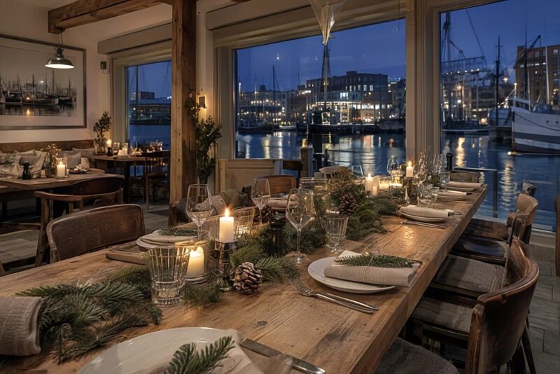Festlich gedeckte Tafel im Restaurant mit Blick auf den beleuchteten Hafen